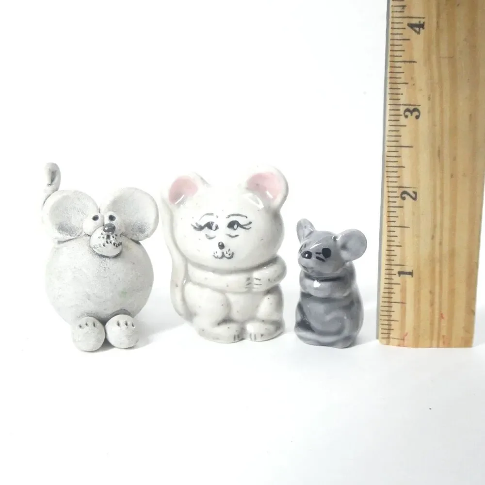3 Mouse Figurines Handmade Clay Pottery Ceramic Miniature Mice